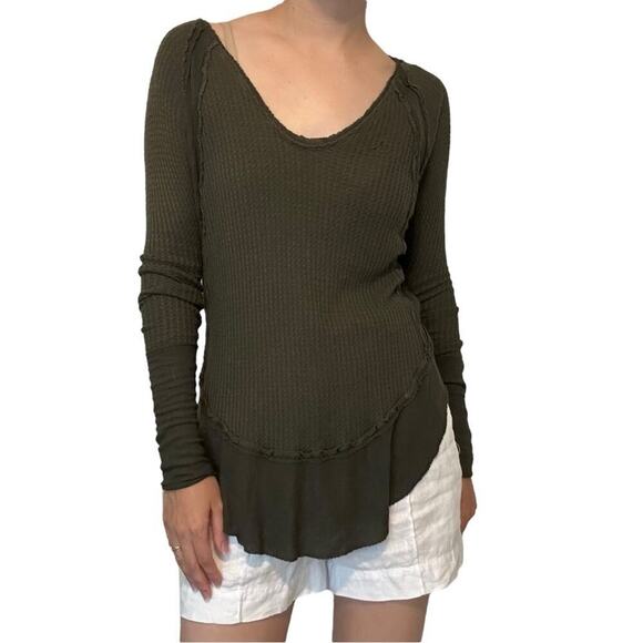 Free People Thermal Sweater Top Olive Green Boho Slouchy Grunge Size Small - Picture 1 of 7